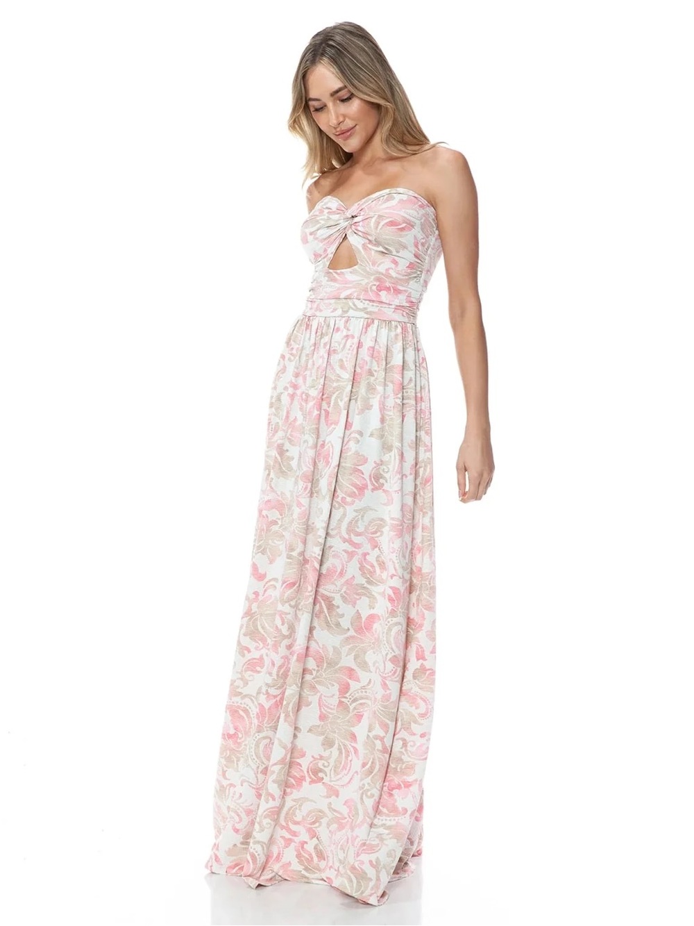 NWT Ariella Printed Twist Detail Keyhole Maxi Dress Ivory/Multi Size Small $99
